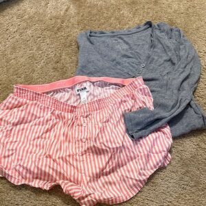 L PINK Victoria's Secret Pink and White Striped Pajama Shorts w long sleeve grey